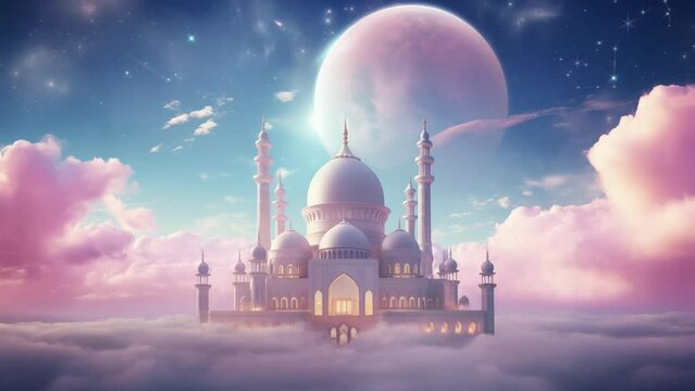 Ramadan Kareem background with a mosque in the clouds surrounding clouds and stars, and a crescent moon. Islamic background mosque and crescent moon with clouds video footage beautiful view background