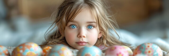 Fototapeta na wymiar Little Girl Painted Easter Eggs Home, Background HD, Illustrations