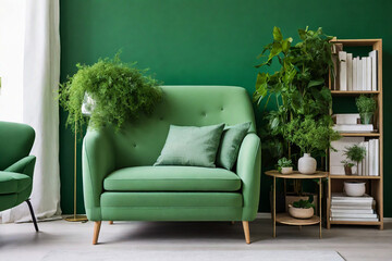  Green sofa and chair against a green wall  - obrazy, fototapety, plakaty