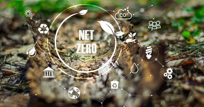 Net zero , carbon neutral concept. Net zero greenhouse gas emissions target. Climate neutral long term strategy with net zero icon circles doodle background
