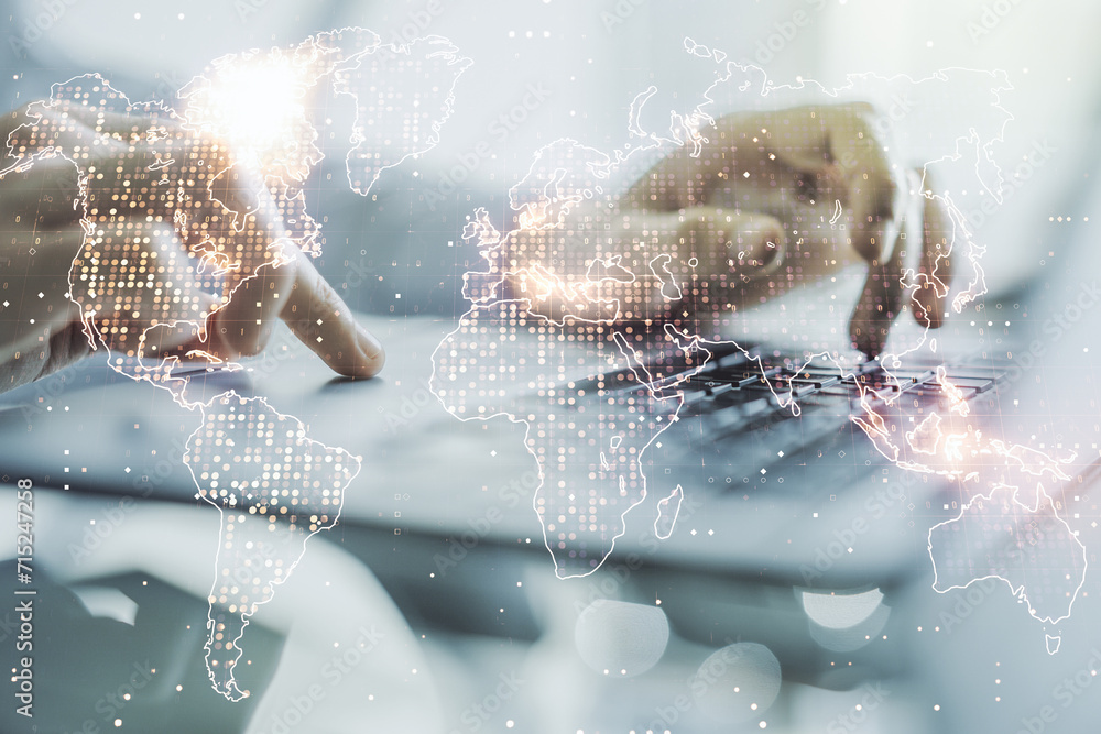 Poster multi exposure of abstract graphic world map and hands typing on computer keyboard on background, co