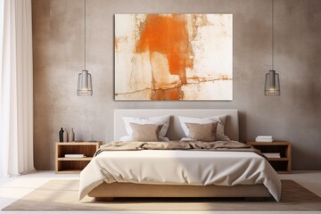 Modern bedroom with grey walls, poster, bed and center carpet. Created with Ai