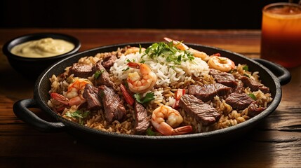 Fototapeta premium Appetizing fried rice with beef and shrimp