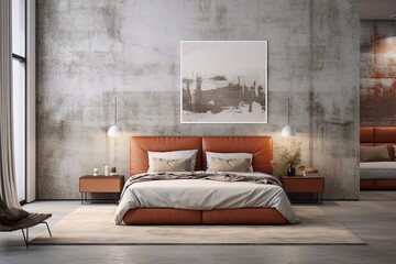 Bedroom interior design with grey walls, large bed, wooden floor, center carpet and side tables. Created with Ai