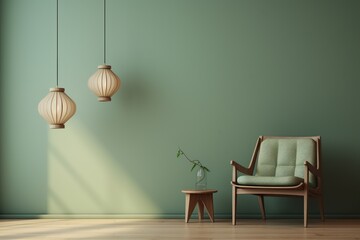 Relaxing space in living room with green chair small table and green walls. Created with AI