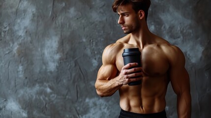 Fototapeta na wymiar A young, muscular man is seen in a dark backdrop carrying a protein shaker full with protein, Generative AI.