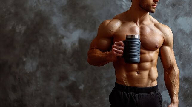 A young, muscular man is seen in a dark backdrop carrying a protein shaker full with protein, Generative AI.