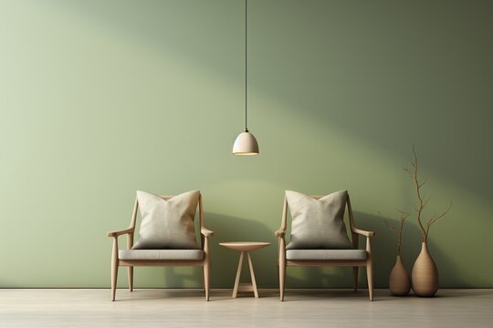 The interior design of living room with green wall texture, wooden floor, chair and table. Created with Ai
