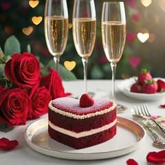 Romantic Valentine's Day celebration with heart-shaped red velvet cake and champagne, roses and love-themed decorations, elegant dessert setting for two with festive mood lighting.