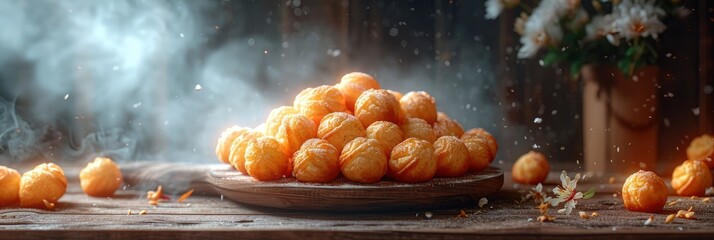 Panellets Fresh Oven On Wooden Table, Background HD, Illustrations