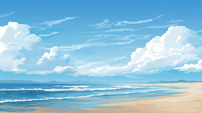 illustration of clean uncluttered beach scene where the horizon meets the sea in a soothing palette