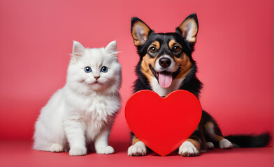 Fototapeta na wymiar Friendly dog and cat with heart, Valentine's Day, Christmas. Generative AI