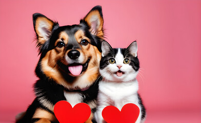 Friendly dog and cat with heart, Valentine's Day, Christmas. Generative AI