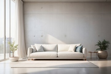 Interior home design of living room with white sofa and white concrete wall near the window