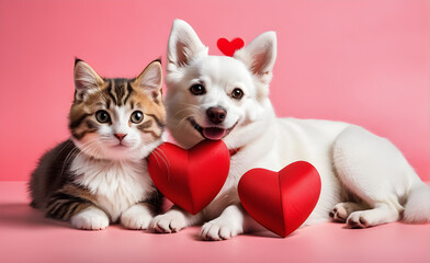 Friendly dog and cat with heart, Valentine's Day, Christmas. Generative AI