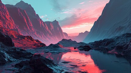 In the midst of this glowing mountain range a serene neon lake mirrors the surrounding beauty