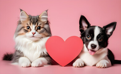 Friendly dog and cat with heart, Valentine's Day, Christmas. Generative AI