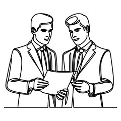 Fototapeta premium Business discussion of man and woman standing talking about document and holding document. continuous one line art drawing of business meeting with handshake