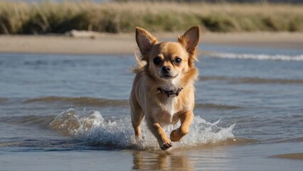 Fawn long coat chihuahua dog playing on the beach