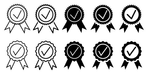 icon set of approved or certified medals. quality symbols, line vectors and silhouettes isolated on white background. design for applications, web, certificates, brochures, posters.