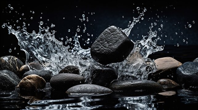 cold water splashes on black stone