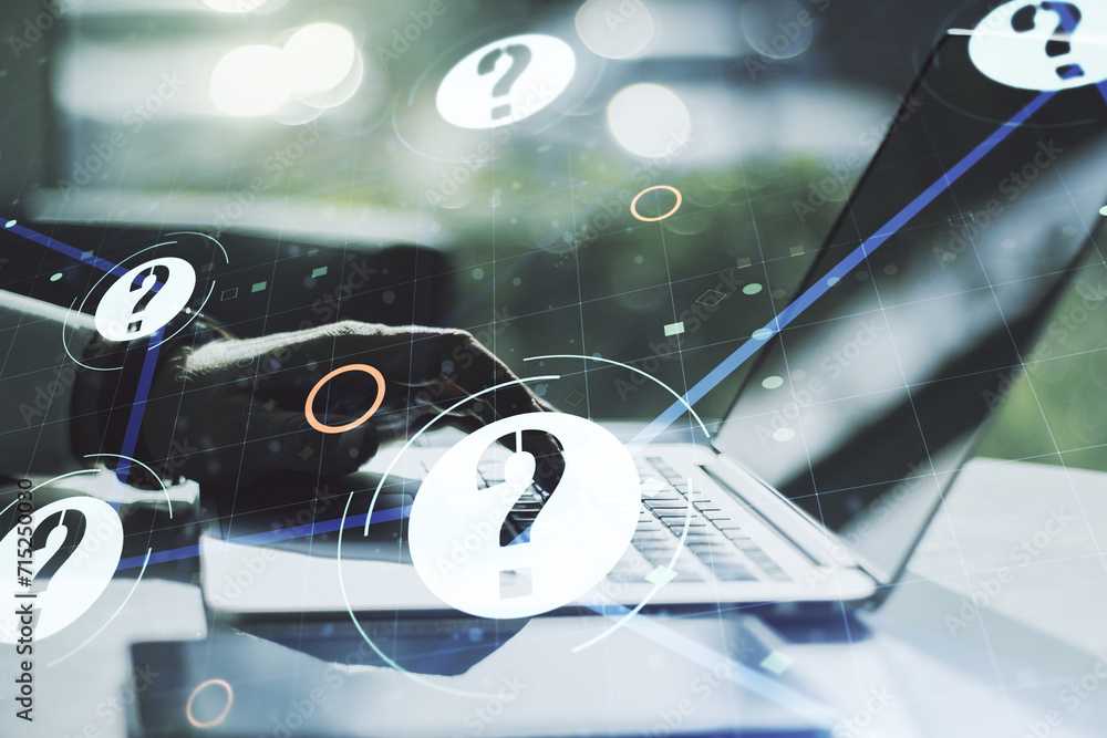 Aufkleber creative concept of question mark illustration and hands typing on laptop on background. faq and sea
