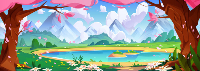 Spring cartoon landscape with pink flowering trees on shore of lake at foot of high rocky mountains under blue sky with clouds. Vector scenery of cherry or sakura flower near pond and hills. - obrazy, fototapety, plakaty
