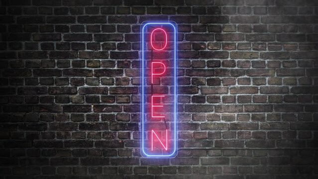 Open neon signboard on bricks wall background. Blue frame with letters in red neon colors. Open retro signboard. 