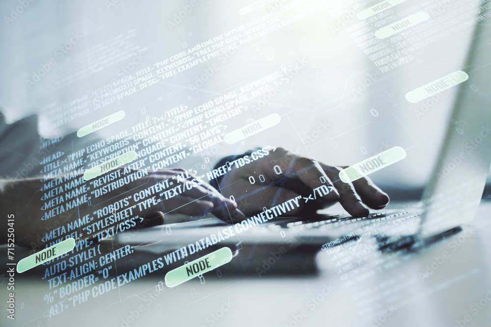 Leinwandbilder double exposure of abstract creative programming illustration and hands typing on laptop on backgrou