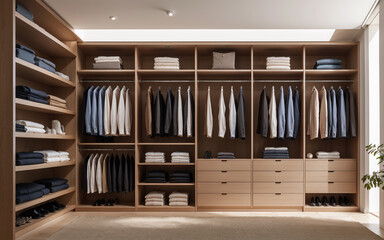 Modern, minimalist walk-in wardrobe with hanging clothes, shelves, and drawers. Ideal for organizing accessories in a luxury closet.