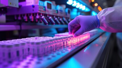 Pharmaceutical Precision: Sanitary-Gloved Hand Ensures Quality of Medical Vials on Assembly Line. Cutting-edge lab equipment contributes to vital science research. Generative AI