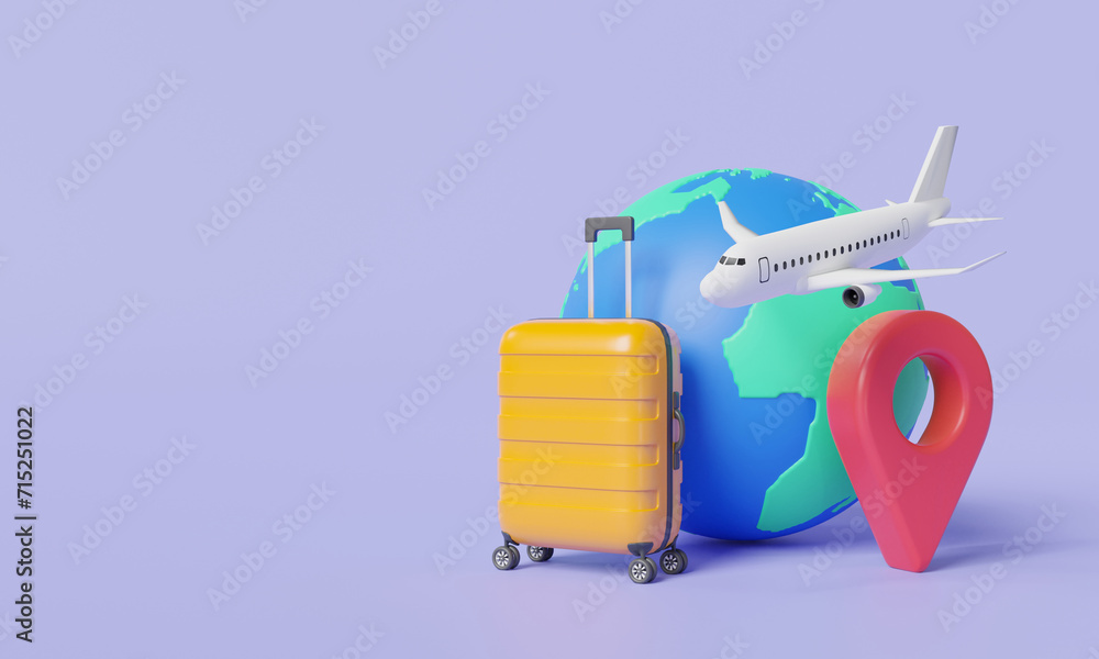 Wall mural travel and tourism concept. luggage with world and plane icon. trip planning, trips and flights abro