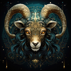 Capricorn goat head in the form of a cosmic symbol. Deep gold and teal Detailed face, mirror, dark and complex, heavenly, Velvia, black background, sticker design, emblem.