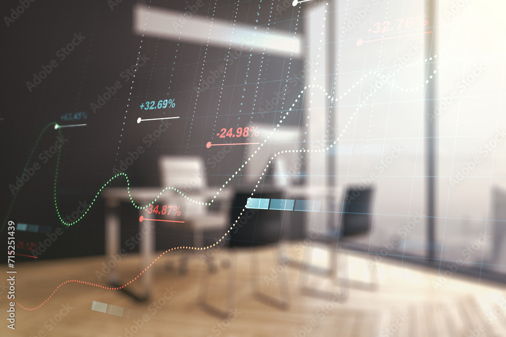 Poster multi exposure of stats data illustration and modern desktop with computer on background, computing 