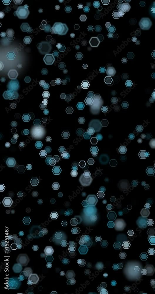Poster flying seamless loop hexagon shapes on black vertical background.