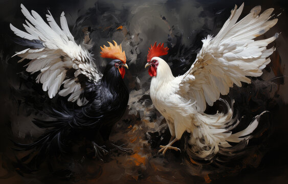 black and white roosters locked in battle high soaring and flapping feathers and wings