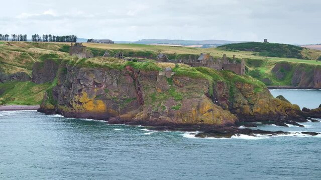 Drone castle Scotland. Dunnottar castle near Stonehaven. Historic medieval Scottish travel destination, tourism landmark in UK