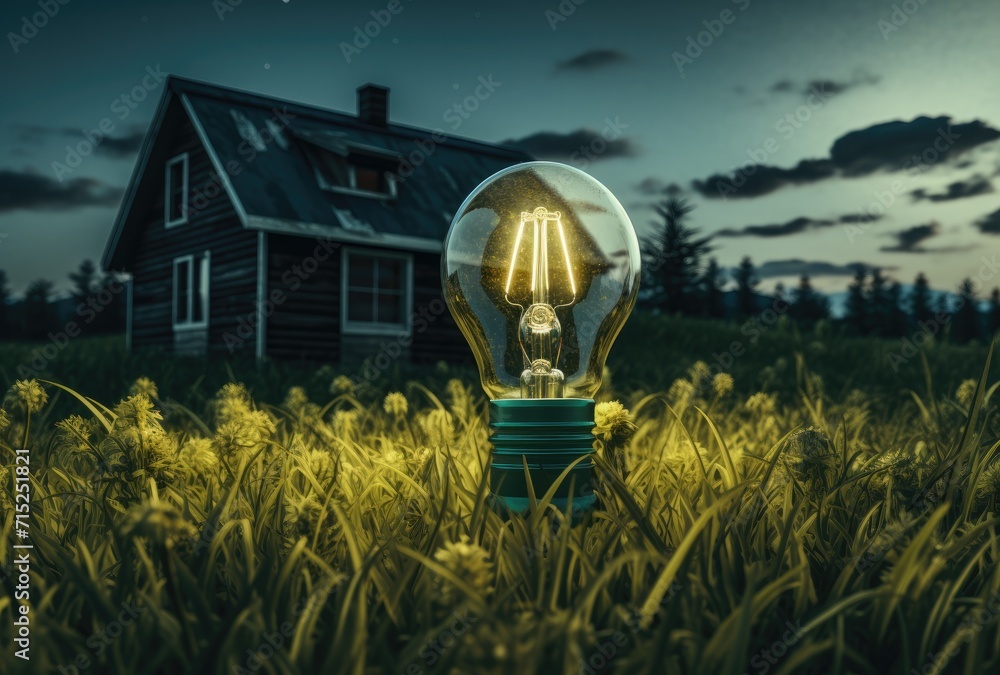 Poster a light bulb embedded in the grass with the world inside, symbolizing the concept of saving the worl