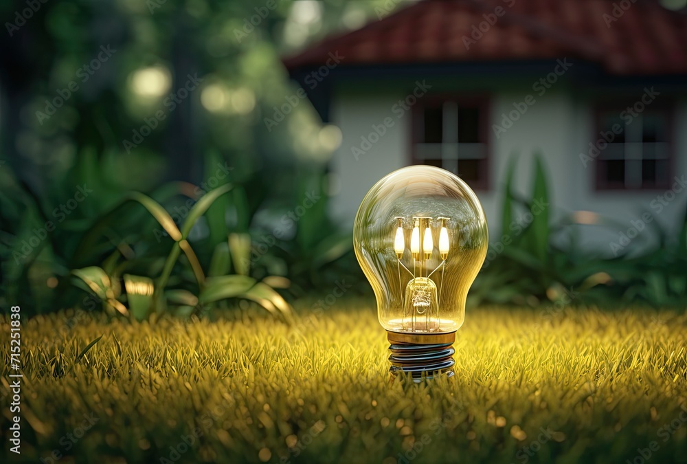 Poster a light bulb embedded in the grass with the world inside, symbolizing the concept of saving the worl