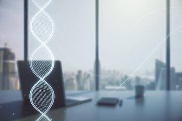 Creative light DNA illustration and modern desktop with pc on background, science and biology...
