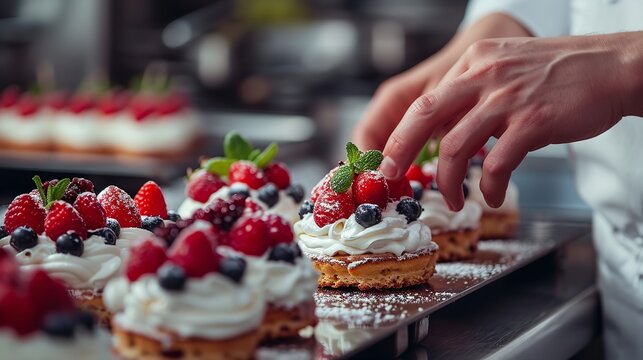 Close shot of a chef making several cup cakes with strawberries and cream with free space, Generative AI.
