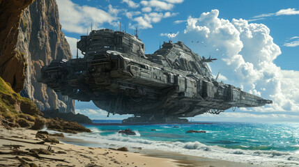 Gigantic space dreadnought crashing on the surface of a planet