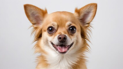 Portrait of Fawn long coat chihuahua dog on grey background