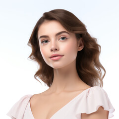 Photo of beautiful face of young adult woman with fresh, clean skin isolated on white