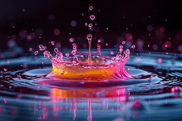 Fotobehang A light orange crown splash water dropA long water drop spout in a pond © Jackson Photography