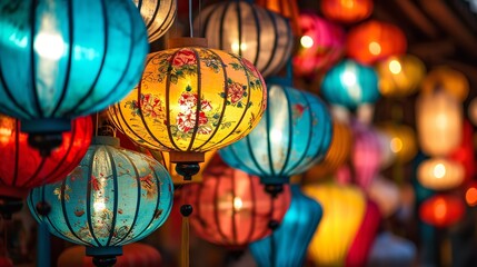 Close shot of a handmade glowing silk lanterns in night hanging in store for sell for Chinese new year with a copy space, Generative AI.