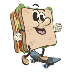 vector illustration of cute sandwich character mascot playing skateboarding, work of handmade
