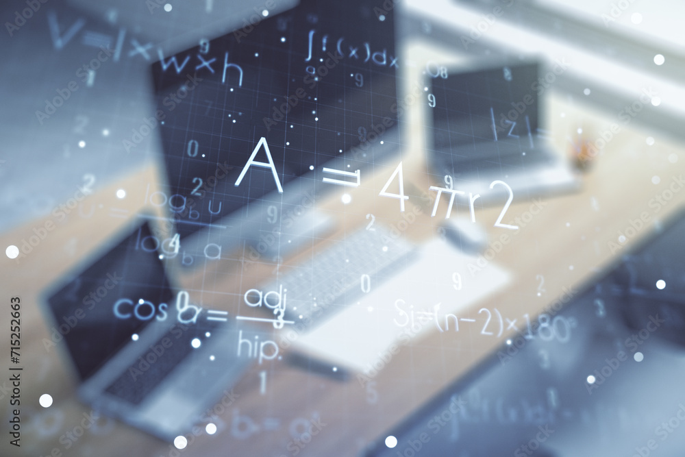 Poster creative scientific formula concept and modern desktop with computer on background. multiexposure