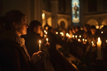 Individuals in prayerful vigil, with the glow of candles illuminating their faces in a serene religious setting - obrazy, fototapety, plakaty