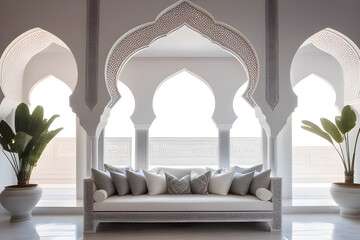 Eastern traditional interior. Moroccan style room. Arches and windows with beautiful carvings. White and gray room with beautiful white sofa and pillows